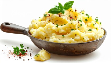 Golden Mashed Potatoes in Rustic Pan Garnished with Herbs on White Background