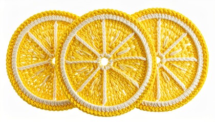 Three Yellow and White Crocheted Lemon Slices on a White Background