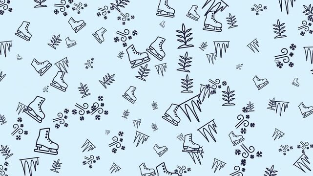 Seamless winter pattern with skates, icicles, and winter plants in light blue. Ideal for winterthemed products, stationery, and textiles.