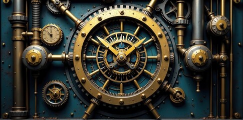 Obraz premium Intricate clockwork mechanism with steam pipes and industrial elements, vintage, time, aged