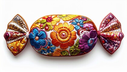 Fototapeta premium Detailed Floral Embroidered Textile Art Shaped Like Wrapped Candy on White Background