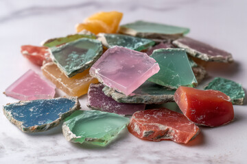 Vibrant collection of colorful sea glass shards creates a mesmerizing mosaic for artistic projects or unique, eye-catching textured backgrounds with a playful, cheerful vibe