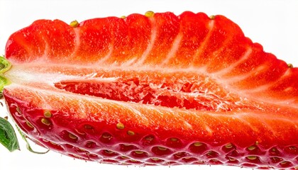 Red Strawberry Slice Close Up Detailed Seeds and Texture on White Background
