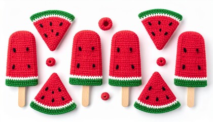Watermelon Themed Crochet Popsicles and Slices on White Background Bright Colors