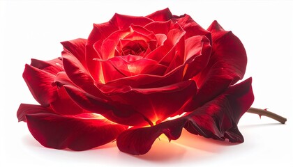Macro Shot of a Red Rose Blossom with Yellow Interior on White Background