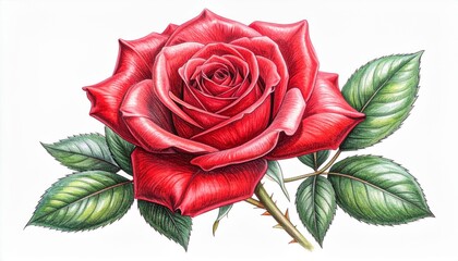 Detailed Red Rose Illustration with Green Leaves on White Background
