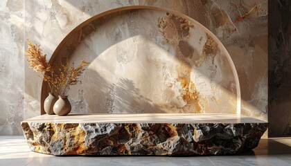 Elegant Display with Rock Podium and Earth Toned Arch in Warm Sunlight