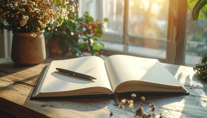 Open Notebook and Pen Beside Flowers near Window with Warm Light