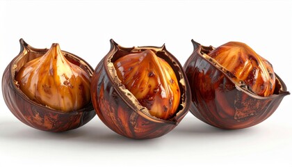 Roasted Shiny Sweet Chestnuts in Brown Shells on White Background