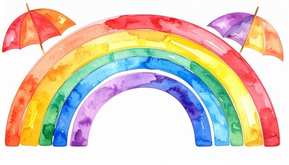 Watercolor Rainbow Arch with Red Orange Yellow and Violet Bands with Matching Umbrellas