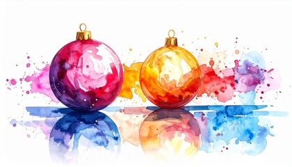 Watercolor Two Christmas Ornaments Spheres in Purple and Gold with Splatter Background