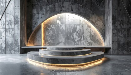 Illuminated Podium with Concrete Texture and Geometric Arch in Industrial Interior