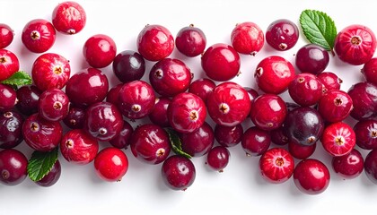 Scattered Red Cranberries on White Background with Selective Focus