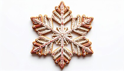 Detailed Gingerbread Snowflake Cookie with White Icing on White Background
