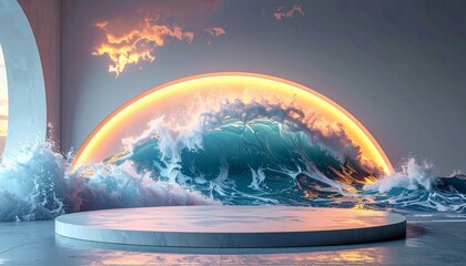 Teal Wave Crashing Under Orange Light Against a Bright Sunset Sky