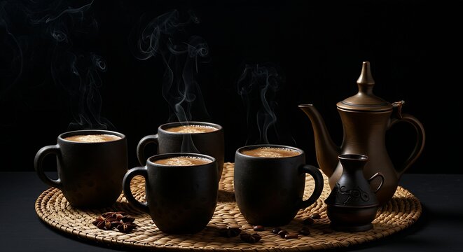 A set of ceramic mugs filled with steaming Ethiopian Buna presented on a traditional woven mesob,with a small jebena nearby,incense smoke subtly curling,warm low-key lighting on the black background, 