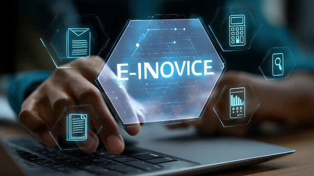 Close Up of Hands Typing on Laptop with E Invoice Digital Overlay in Dark Blue Tones