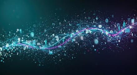 Abstract data stream with glowing symbols and particles in motion.