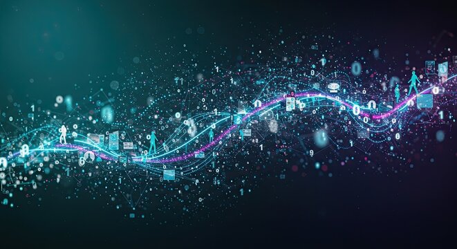 Abstract data stream with glowing symbols and particles in motion.