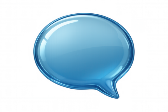 Blue glossy speech bubble icon representing chat, communication, and dialogue, with transparent background
