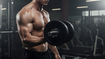 A muscular man is lifting dumbbells in a dimly lit gym.