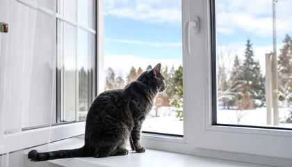 A gray cat sits on a windowsill gazing out an open window. Winter landscape visible, snow covered trees, and a bright blue sky
