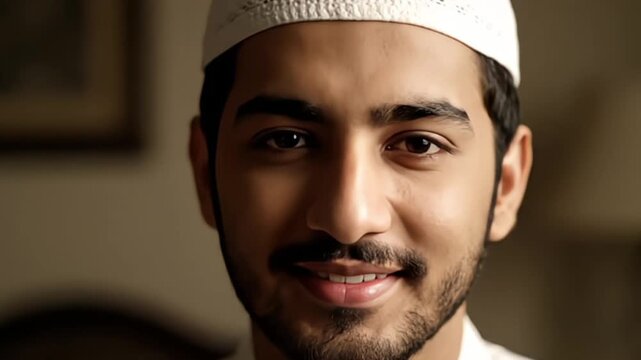 Close up of a young Middle Eastern man smiling wearing a traditional Muslim cap
