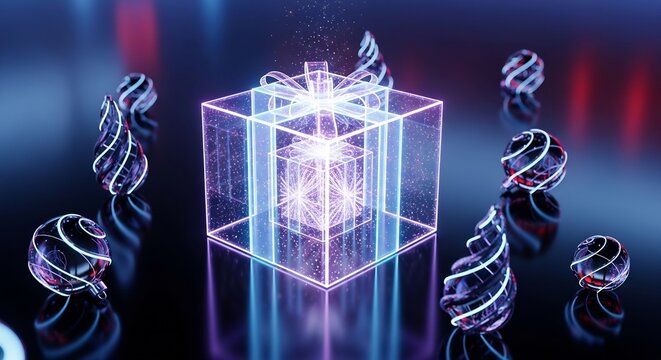 Luminous boxes and ornaments glow on a reflective surface lit by blue and red light