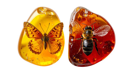 "Realistic Vector Illustration of Amber Resin with Insect and Butterfly Isolated on White Background for Natural, Fossil, and Decorative Design"