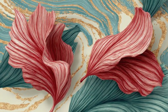Striking red and teal leaves, textured and flowing, set against a marbled background with gold accents.
