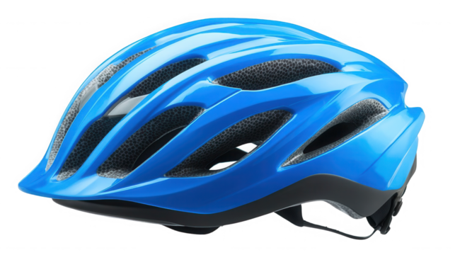 A close up view of a blue bicycle helmet with air vents on a  transparent background for safety gear