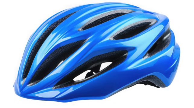 A vivid blue bicycle helmet with ventilation holes isolated against a  transparent background for safety gear - Powered by Adobe