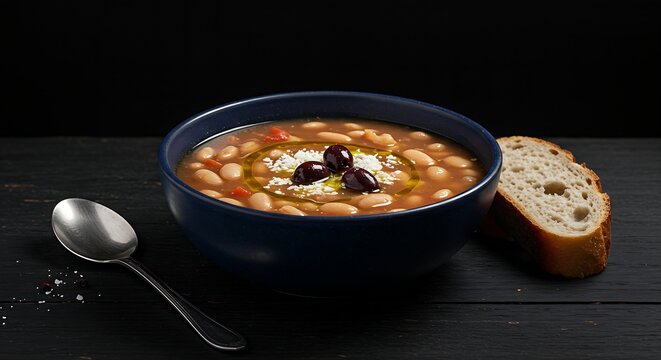 blue ceramic bowl filled with hearty Greek Fasolada garnished with a drizzle of olive oil,a few Kalamata olives,a piece of bread on the side,set on a dark wooden surface against a black backdrop