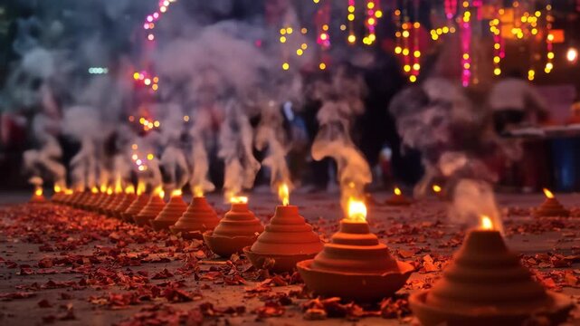 Illuminated Dhunuchi Row with Smoke and Petals During Diwali Celebration, Representing Indian Festive Traditions