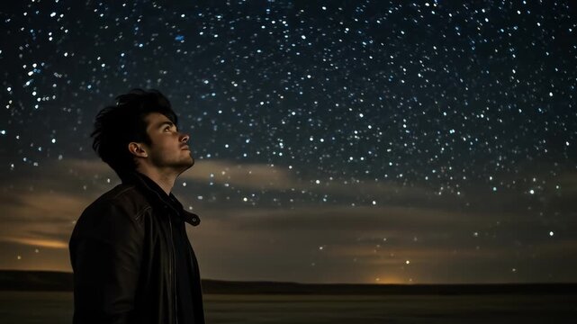 A man stares upward into a sky full of stars and clouds at night