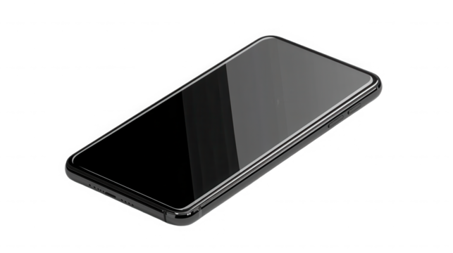 A sleek smartphone with a black screen resting on a dark surface in a minimalist composition style