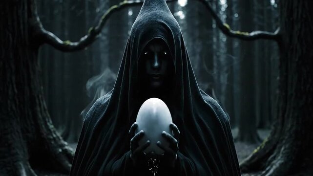 Mysterious Hooded Figure Holding a Glowing Orb in a Dark Forest.