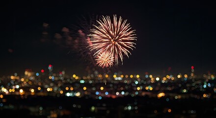 Night Fireworks Display Over a Cityscape, Bokeh Effect