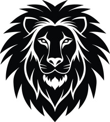 Fototapeta premium Black Silhouette Lion Head With Detailed Mane And Fierce Expression white
