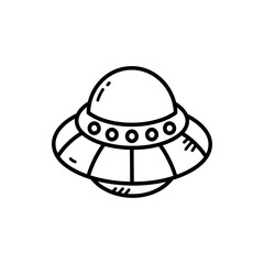 Black and White Doodle Style UFO Flying Saucer Spaceship with Circular Windows Isolated on White Background Hand Drawn Illustration