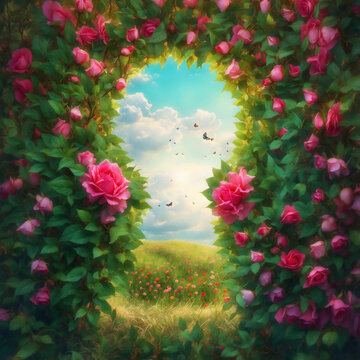 A picturesque rose arch frames a view of a serene landscape, inviting the viewer into a world of beauty and tranquility