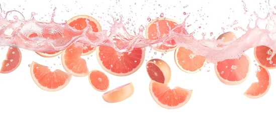 High-Speed Splash of Pink Grapefruit Slices and Juice Waves on a White Background