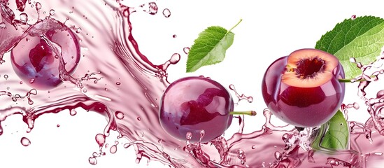 Plum Fruit and Juice Splash with Green Leaves