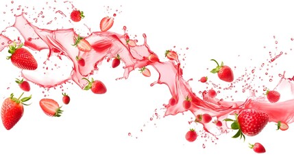 High-Speed Red Strawberries and Juice Splash Isolated on White