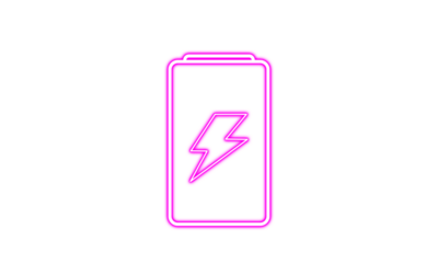 Pink neon battery icon with lightning bolt sign on White background 