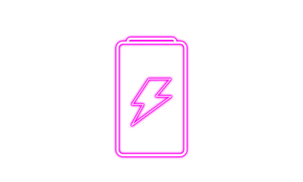 Pink neon battery icon with lightning bolt sign on White background 