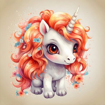 A captivating illustration of a whimsical unicorn with flowing orange hair, adorned with delicate flowers and a spiraled horn, rendered in a charming style with soft tones