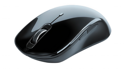 A sleek black computer mouse with scroll wheel on a dark background in a studio product shot view
