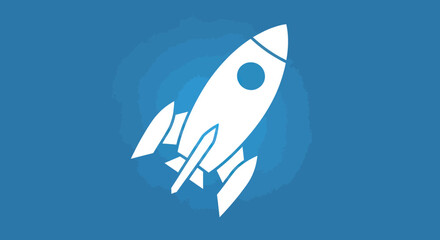 Rocket launching on blue background with smoke trail, represents new business start, product announcement, or marketing campaign