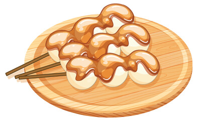 Japanese Dango Skewers with Sweet Sauce on Wooden Plate